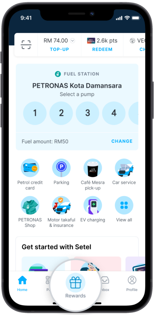 Setel app home screen with the Rewards tab highlighted