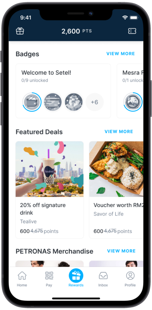 Setel Rewards screen showing featured deals to browse