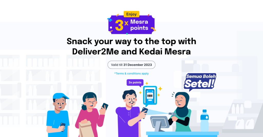 An illustration of 3 customers and 1 cashier at a petrol station engaging in the Semua Boleh Setel campaign.