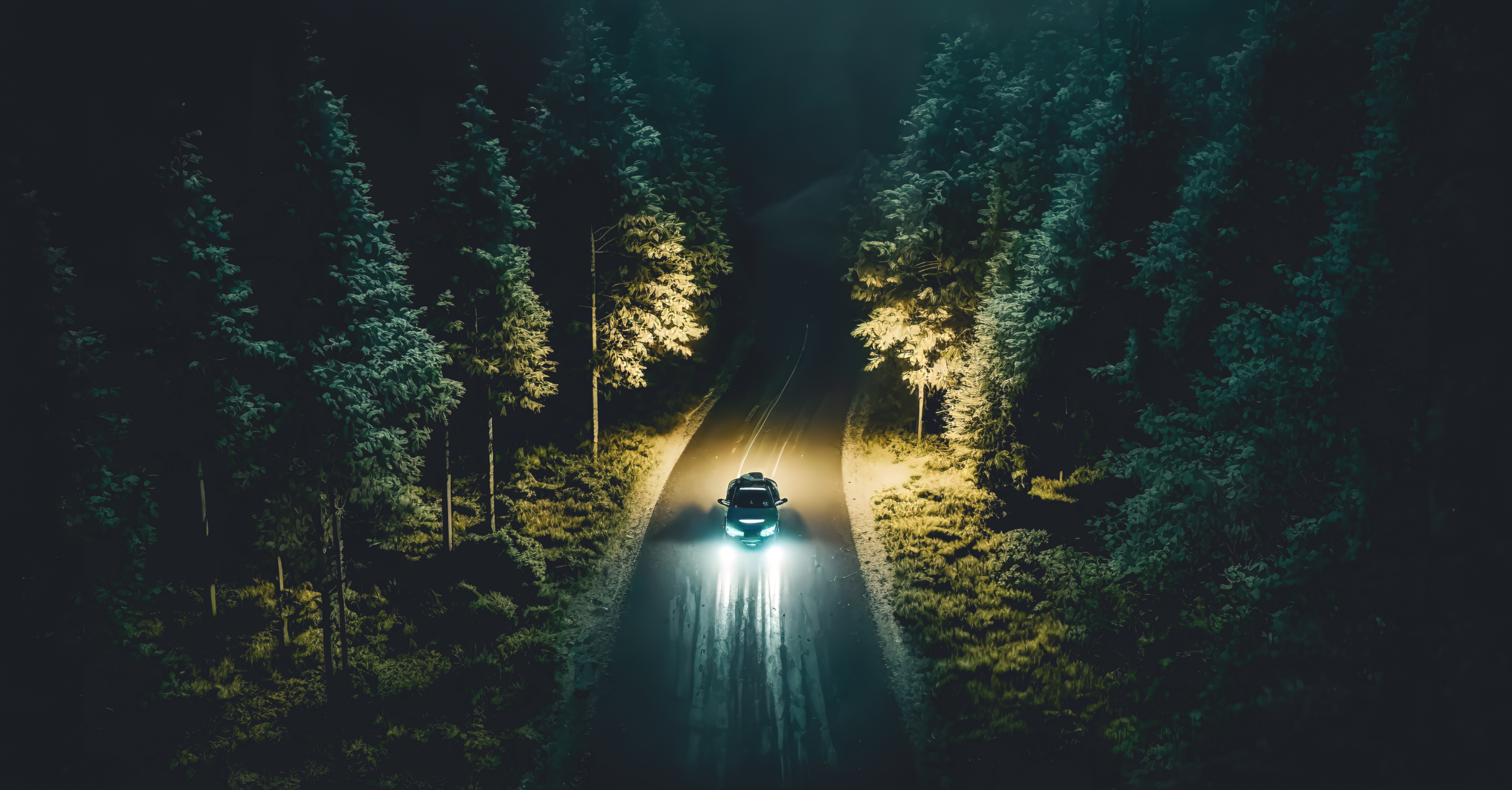 A Car Travelling On An Empty Road At Night.