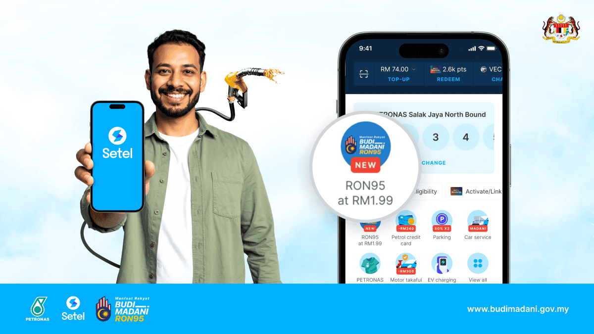 The BUDI95 initiative by PETRONAS and Setel promotes affordable fuel through the BUDI MADANI RON95 program, featuring RON95 petrol priced at RM1.99. A man displays the Setel app on his smartphone, highlighting digital convenience and government support for Malaysian motorists.